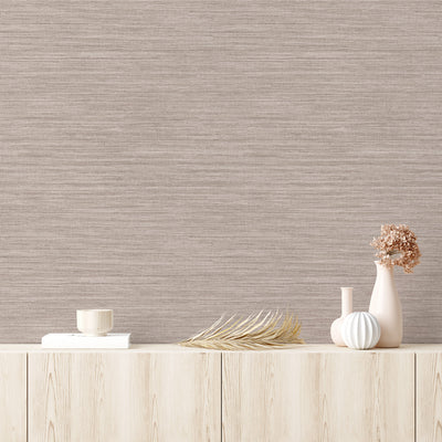 Faux Horizontal Grasscloth Removable Wallpaper - A wood dresser with beige vases and a wall featuring Faux Horizontal Grasscloth Peel And Stick Wallpaper in textured pewter  | Tempaper#color_textured-pewter