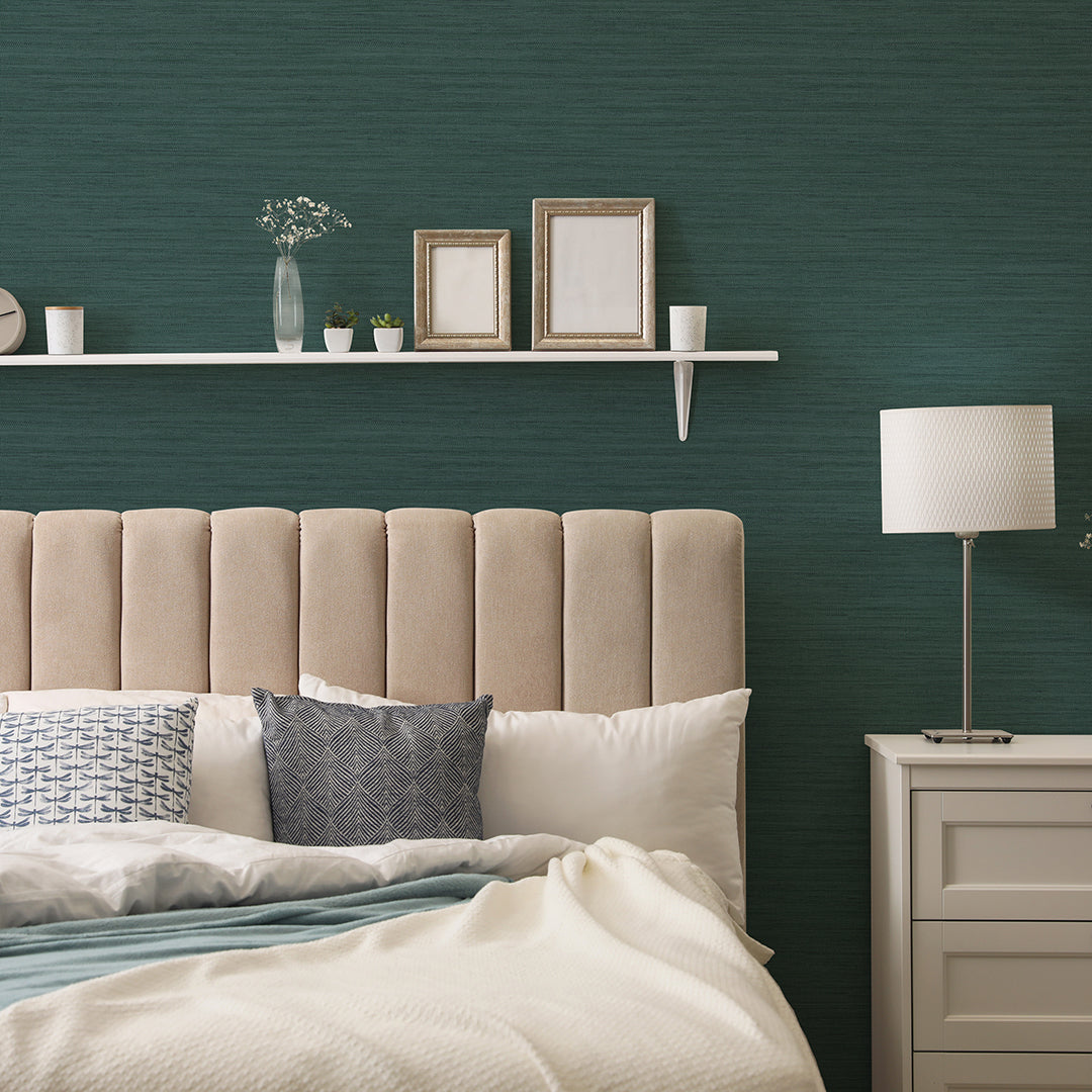 Faux Horizontal Grasscloth Removable Wallpaper - A bedroom with a bed and white nightstand featuring Faux Horizontal Grasscloth Peel And Stick Wallpaper in textured mediterranean teal | Tempaper#color_textured-mediterranean-teal