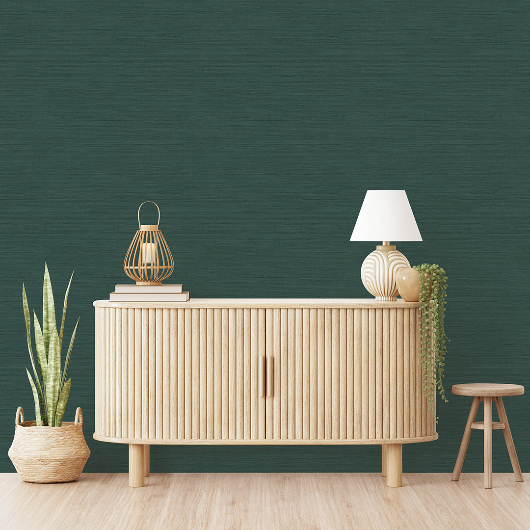 Faux Horizontal Grasscloth Removable Wallpaper - A wood dresser in a room featuring Faux Horizontal Grasscloth Peel And Stick Wallpaper in textured mediterranean teal | Tempaper#color_textured-mediterranean-teal