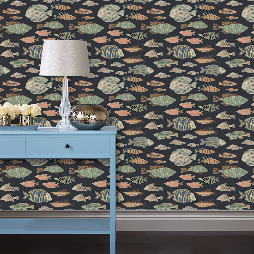 Marine Fish Removable Wallpaper - A room featuring Tempaper's Marine Fish Peel And Stick Wallpaper in night fall | Tempaper#color_night-fall