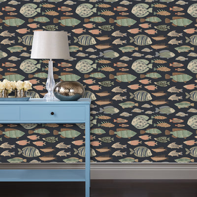 Marine Fish Removable Wallpaper - A room featuring Tempaper's Marine Fish Peel And Stick Wallpaper in night fall | Tempaper#color_night-fall