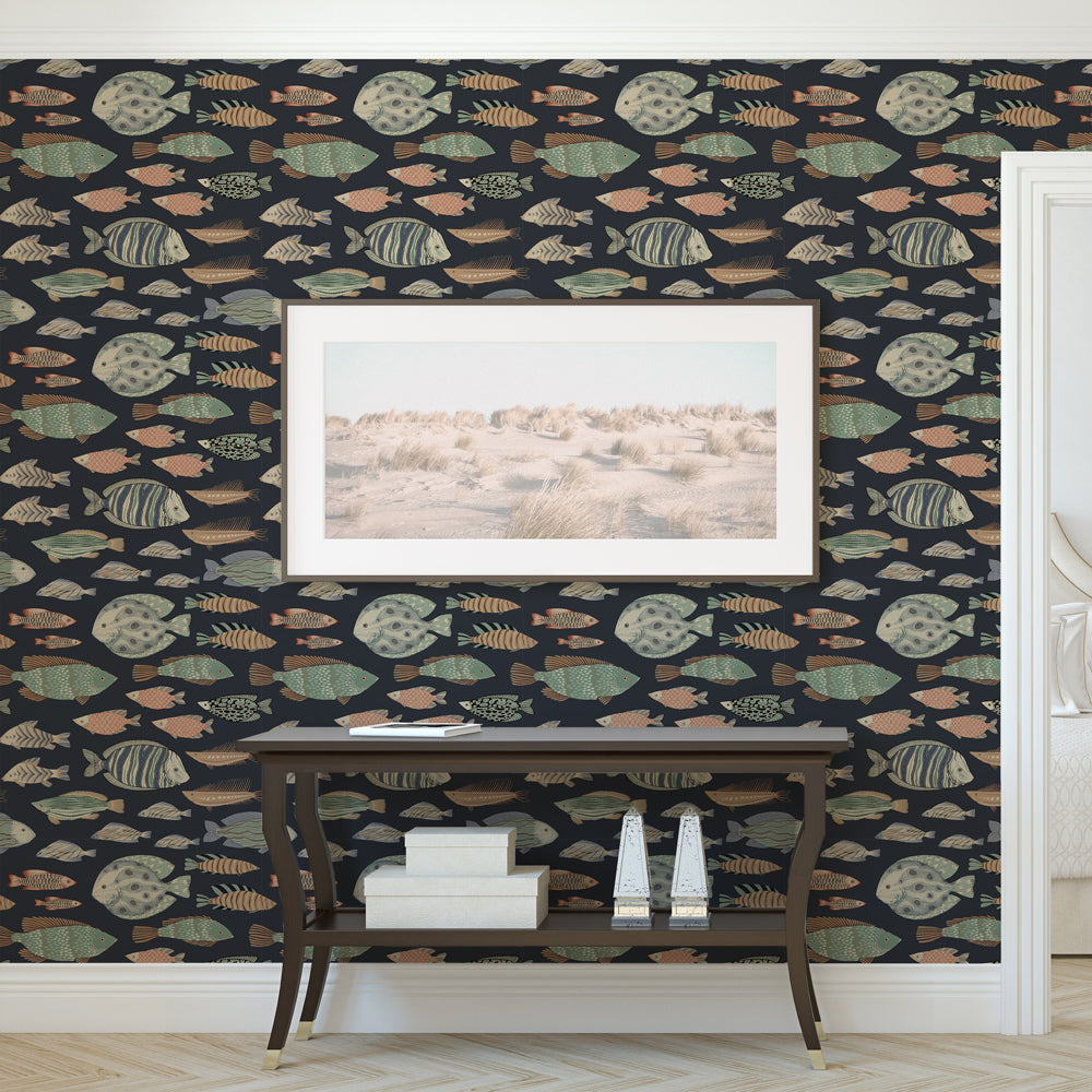 Marine Fish Removable Wallpaper - A room featuring Tempaper's Marine Fish Peel And Stick Wallpaper in night fall | Tempaper#color_night-fall