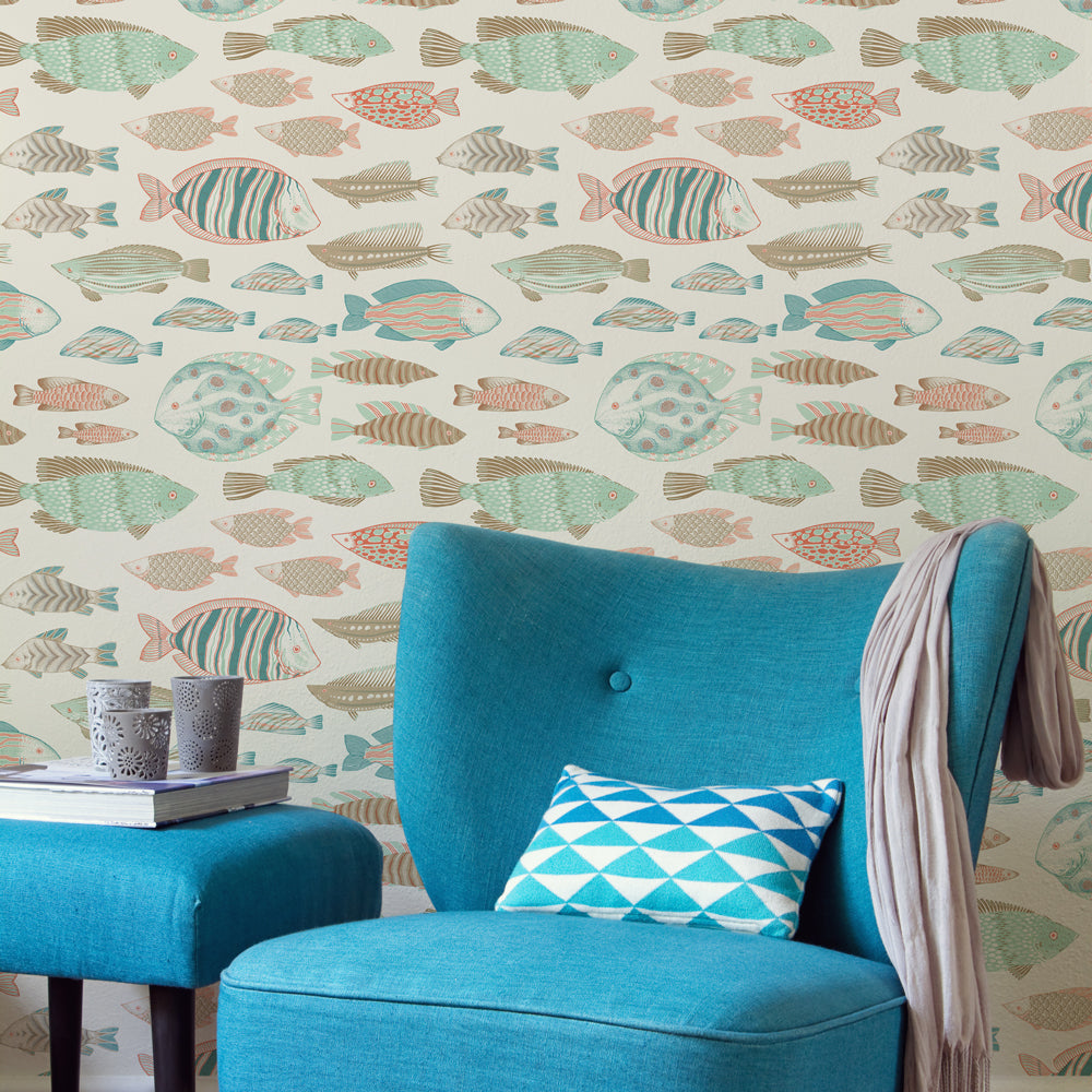 Marine Fish Removable Wallpaper - A room featuring Tempaper's Marine Fish Peel And Stick Wallpaper in ocean spray | Tempaper#color_ocean-spray