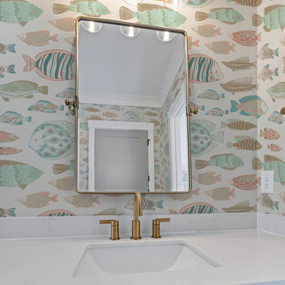 Marine Fish Removable Wallpaper - A bathroom featuring Tempaper's Marine Fish Peel And Stick Wallpaper in ocean spray | Tempaper#color_ocean-spray