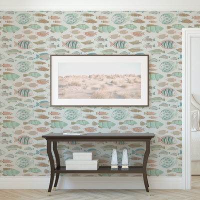 Marine Fish Removable Wallpaper - A room featuring Tempaper's Marine Fish Peel And Stick Wallpaper in ocean spray | Tempaper#color_ocean-spray