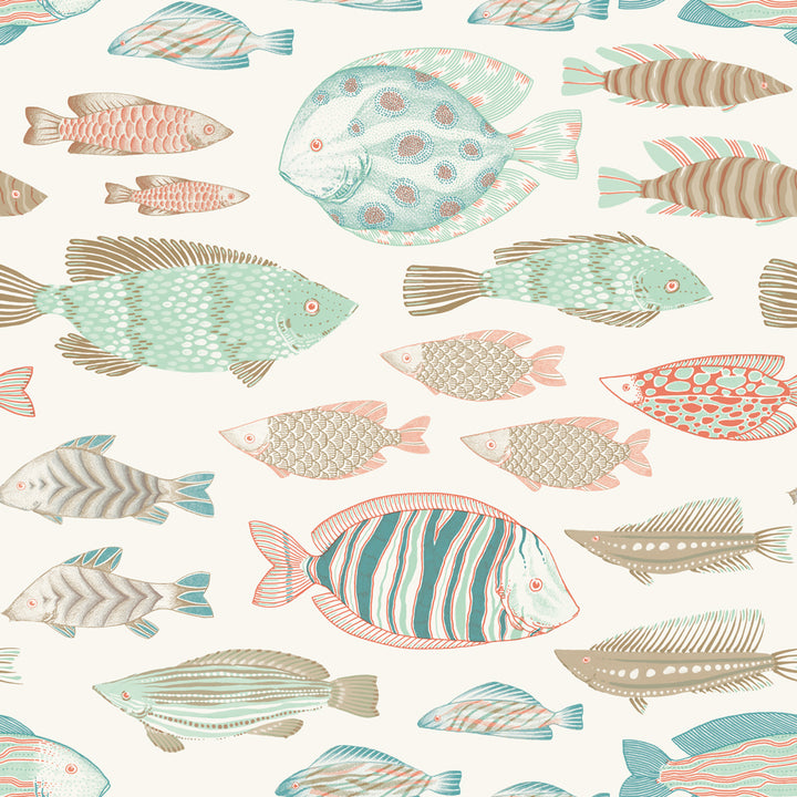 Marine Fish Removable Wallpaper - A swatch of Tempaper's Marine Fish Peel And Stick Wallpaper in ocean spray | Tempaper#color_ocean-spray