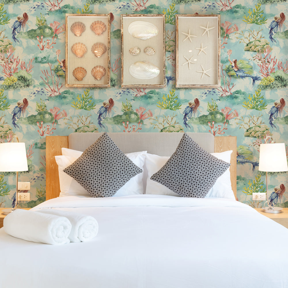 Mermaid Toile Removable Wallpaper - A bedroom featuring Tempaper's Mermaid Toile Peel And Stick Wallpaper in sea glass toile | Tempaper