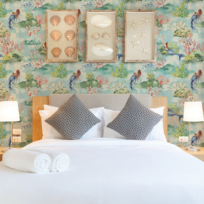 Mermaid Toile Removable Wallpaper - A bedroom featuring Tempaper's Mermaid Toile Peel And Stick Wallpaper in sea glass toile | Tempaper