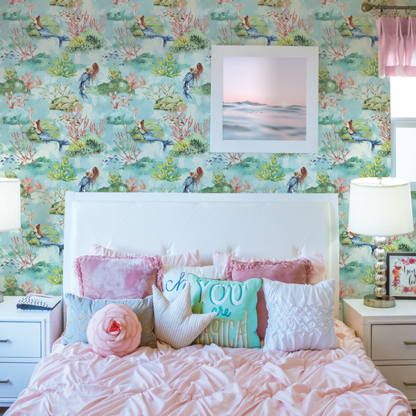 Coastal Charm Whimsical Mermaid Toile Peel and Stick Wallpaper