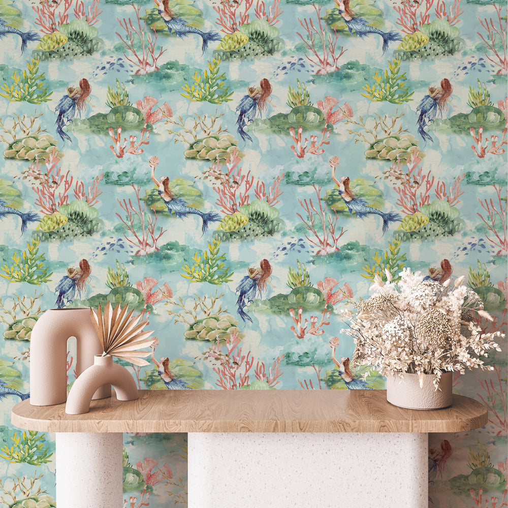 Mermaid Toile Removable Wallpaper - A room featuring Tempaper's Mermaid Toile Peel And Stick Wallpaper in sea glass toile | Tempaper