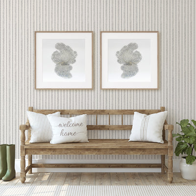 Nautical Stripe Removable Wallpaper - A wood bench and two pictures on a wall featuring Tempaper's Nautical Stripe Peel And Stick Wallpaper | Tempaper#color_charcoal-and-cotton