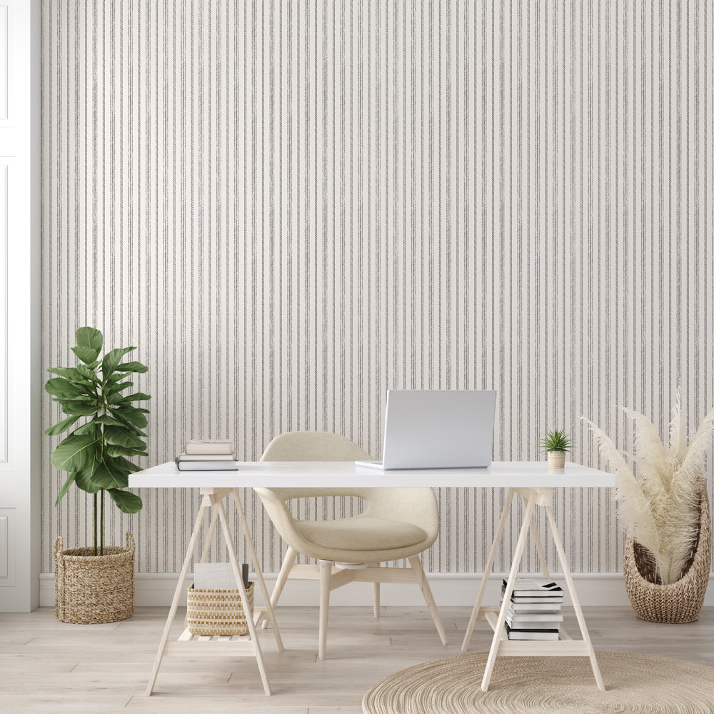 Nautical Stripe Removable Wallpaper - A white desk with a white chair in a room featuring Tempaper's Nautical Stripe Peel And Stick Wallpaper | Tempaper#color_charcoal-and-cotton