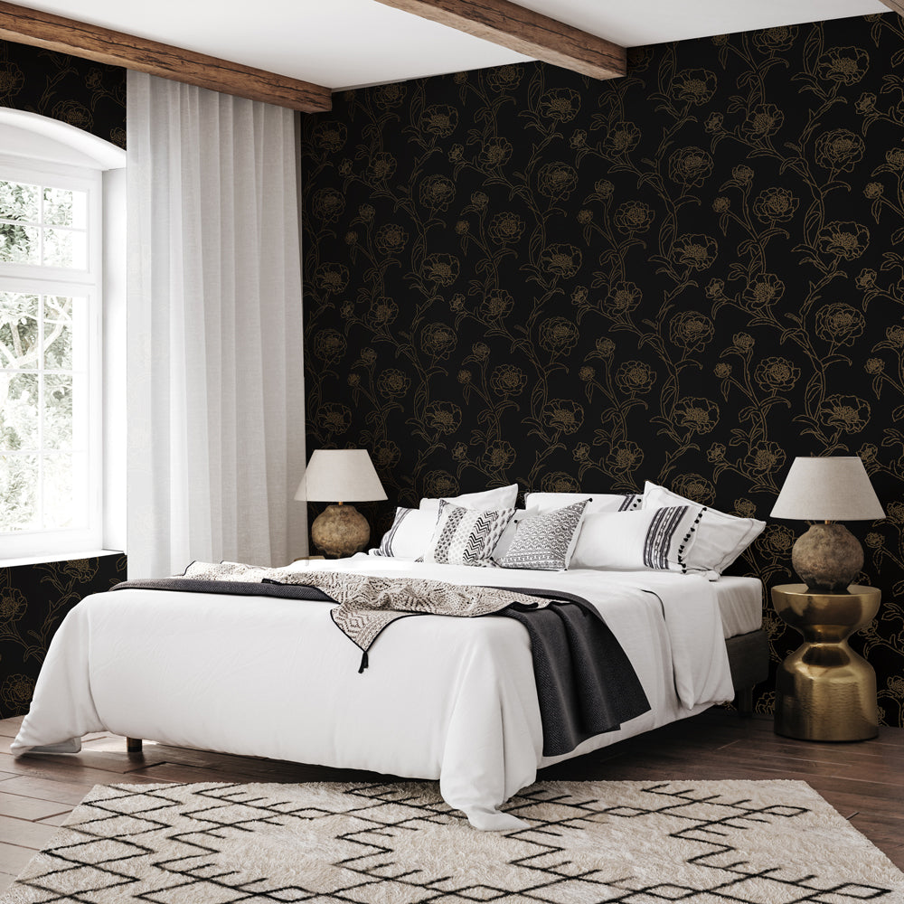Contact Paper Black and Gold Floral Peel and Stick Wallpaper