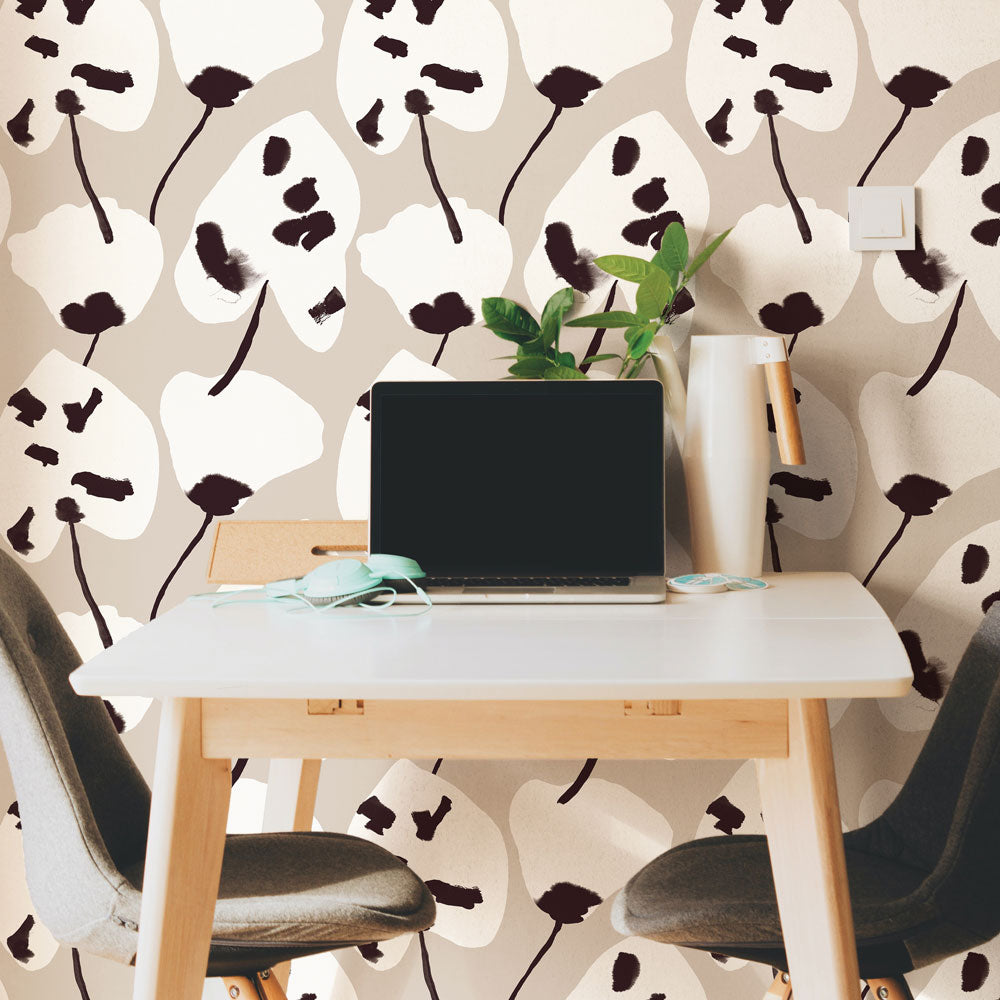 Painted Palm Removable Wallpaper - A workspace with two charis and a computer in front of a wall featuring Painted Palm Peel And Stick Wallpaper in cocoa chic | Tempaper#color_cocoa-chic