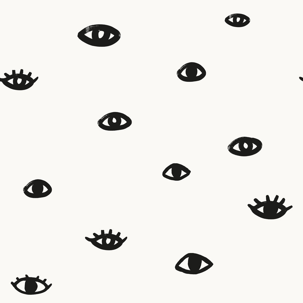 A swatch of white with black eyes repeating for the Eye See You removable wallpaper from Tempaper.#color_white-and-black-eyes