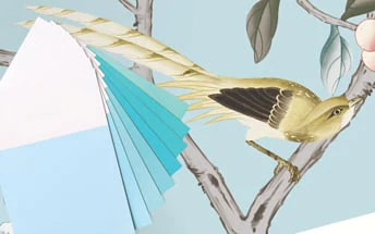 Image of paint chips overlaying Tempaper Chinoiserie sample showing that you can customize your print