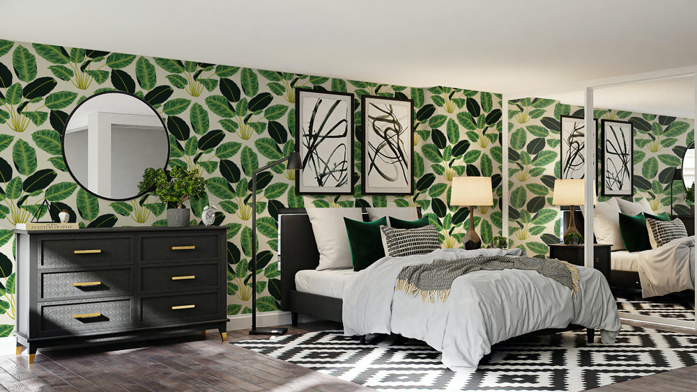 Image of a bedroom designed with Hojas Cubanas and black bedroom furniture.