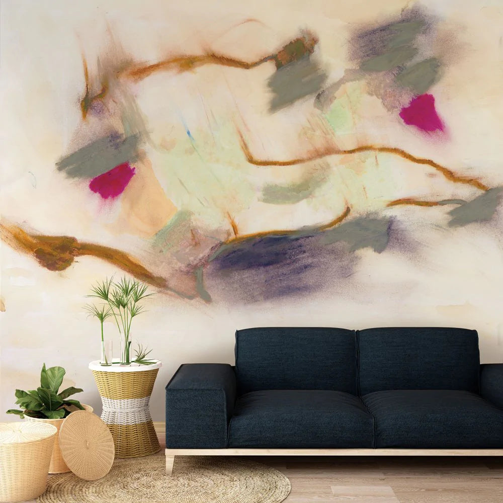 Image of Zoe Bios Wall Mural behind a black modern couch