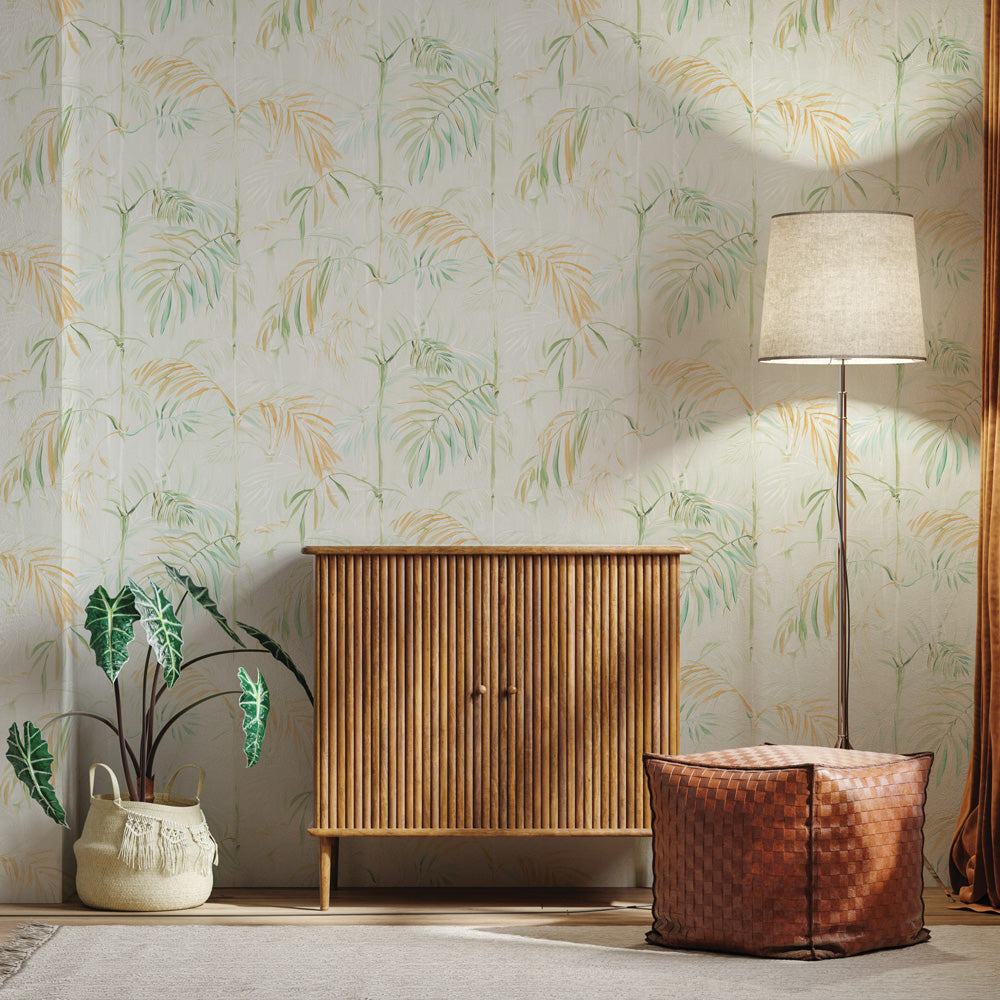 Bamboo Gardens Non-Pasted Wallpaper - A wood dresser, plant, and lamp in front of Bamboo Gardens Unpasted Wallpaper in sage | Tempaper#color_sage
