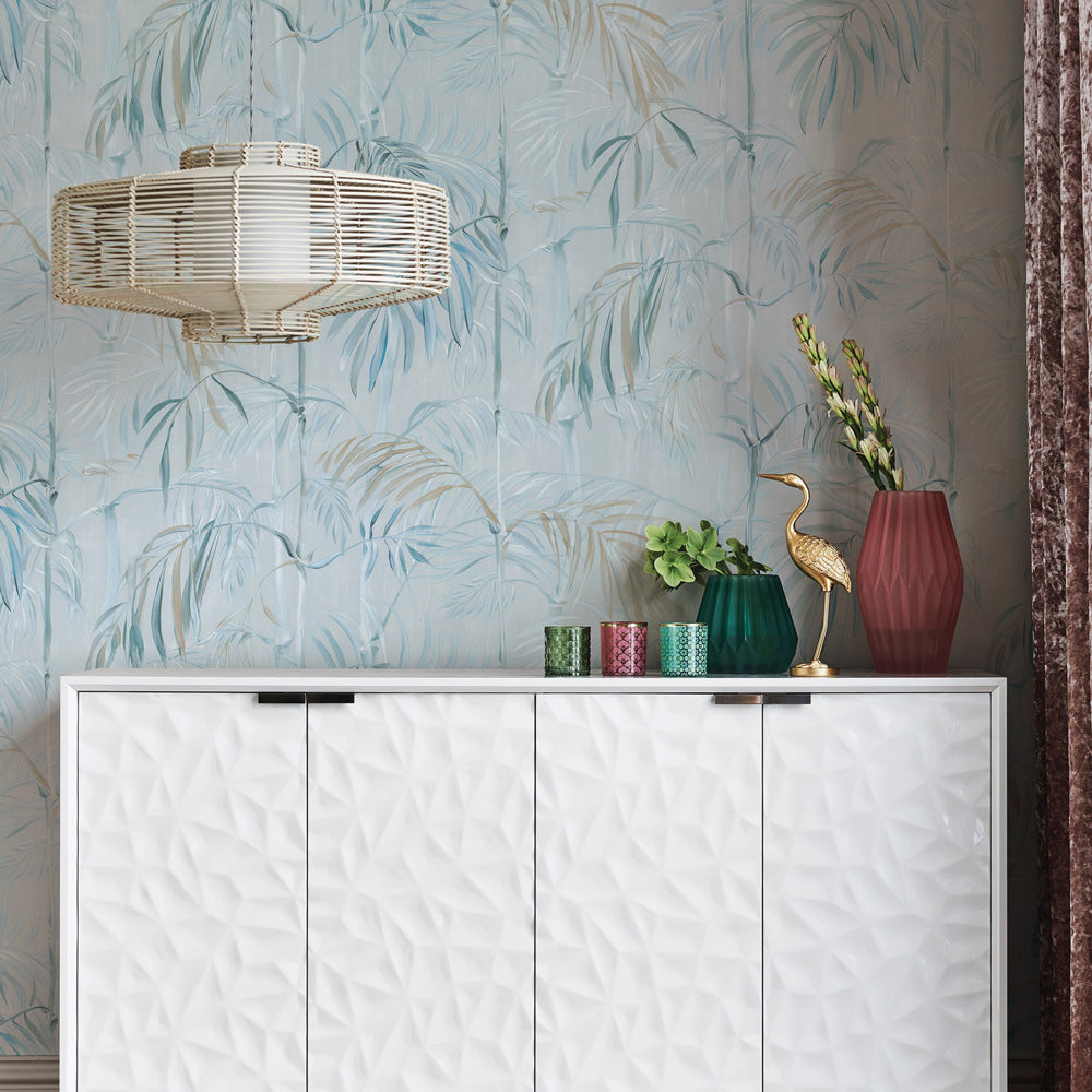 Bamboo Gardens Non-Pasted Wallpaper - A white dresser with plants and candles on top in front of Bamboo Gardens Unpasted Wallpaper in rain | Tempaper#color_rain