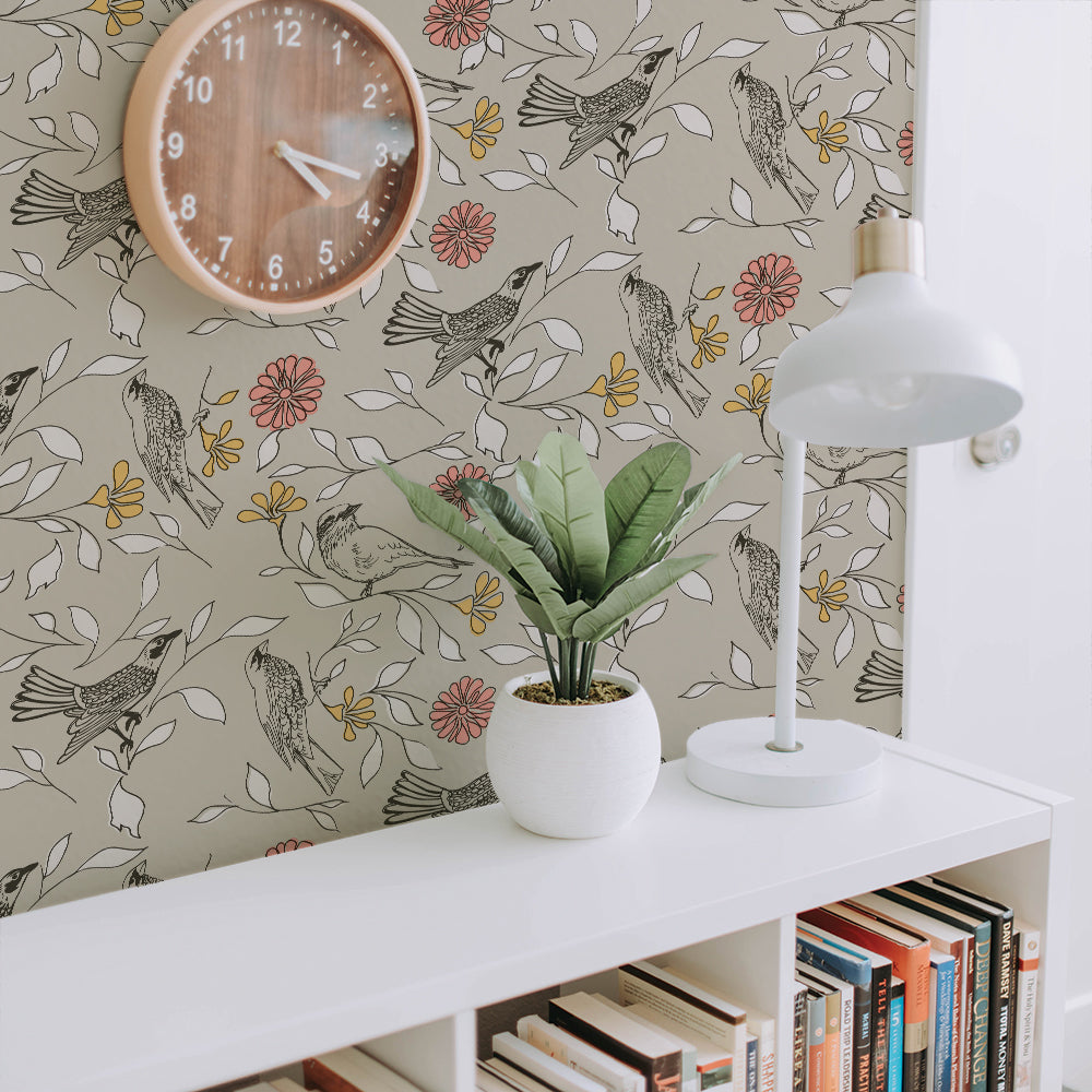 Birds Removable Wallpaper - A white bookcase with a white lamp and a plant on top in front of a wall featuring Tempaper's Birds Peel And Stick Wallpaper By Novogratz | Tempaper