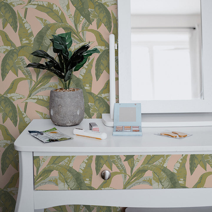 Banana leaf peel and stick wallpaper in a bathroom.