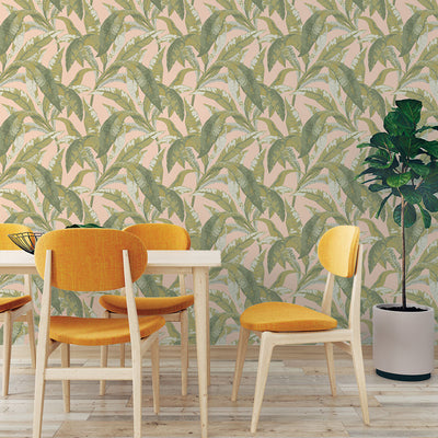 Banana leaf peel and stick wallpaper in a kitchen.