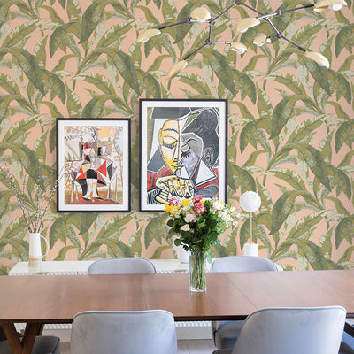 Banana leaf peel and stick wallpaper in a living room.