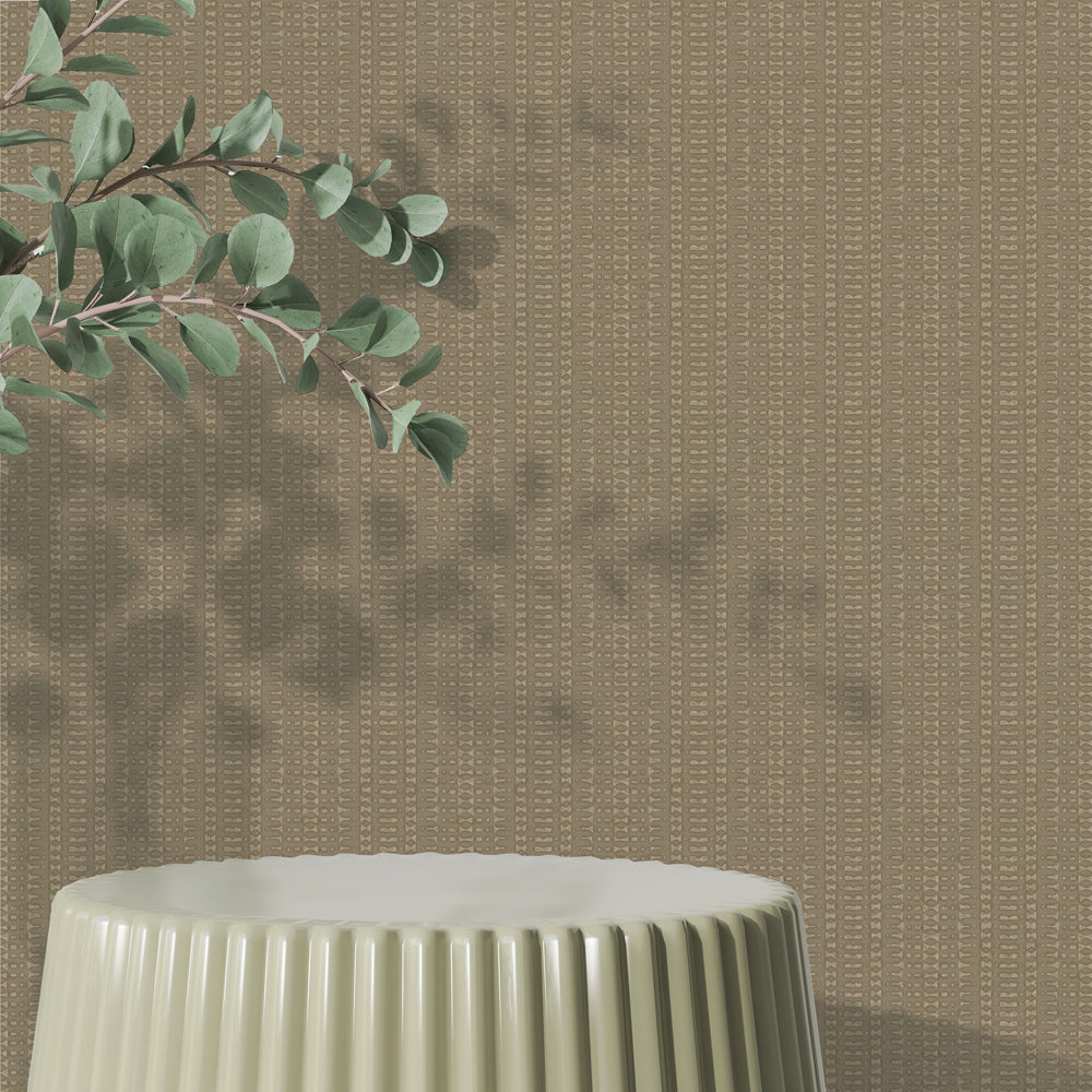 Batik Stripe Removable Wallpaper - A green table and plant in a room featuring Batik Stripe Peel And Stick Wallpaper in macadamia | Tempaper#color_macadamia
