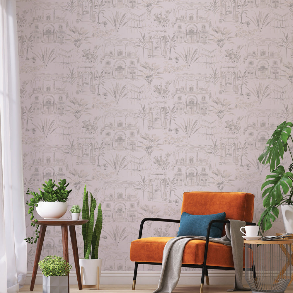 Boulevard Toile Non-Pasted Wallpaper - An orange chair and plants with Boulevard Toile Unpasted Wallpaper in french grey toile | Tempaper#color_french-grey-toile
