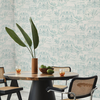 Boulevard Toile Non-Pasted Wallpaper - A table and chairs with Boulevard Toile Unpasted Wallpaper in coastal green toile | Tempaper#color_coastal-green-toile