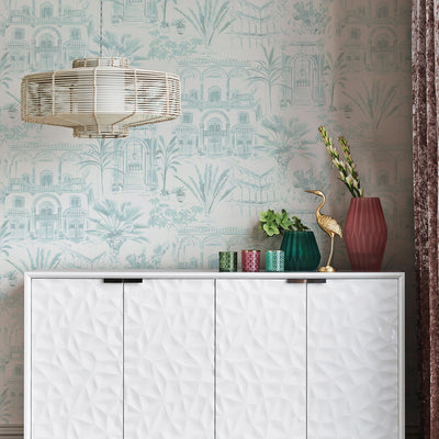 Boulevard Toile Non-Pasted Wallpaper - A white dresser and plants with Boulevard Toile Unpasted Wallpaper in coastal green toile | Tempaper#color_coastal-green-toile