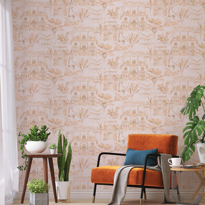 Boulevard Toile Non-Pasted Wallpaper - An orange chair and plants with Boulevard Toile Unpasted Wallpaper in coral toile | Tempaper#color_coral-toile