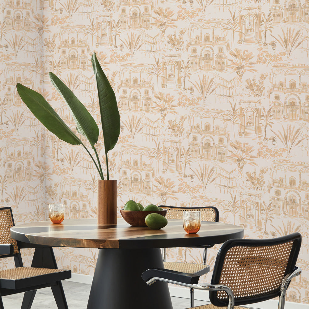 Boulevard Toile Non-Pasted Wallpaper - A table and chairs with Boulevard Toile Unpasted Wallpaper in coral toile | Tempaper#color_coral-toile