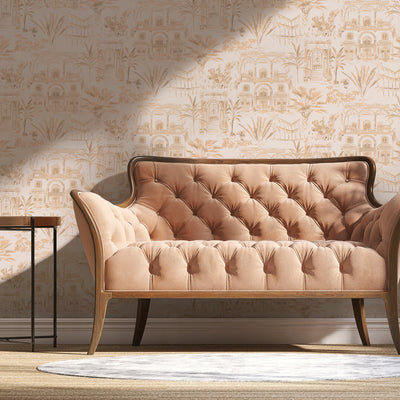 Boulevard Toile Non-Pasted Wallpaper - A a tan couch in front of Boulevard Toile Unpasted Wallpaper in coral toile | Tempaper#color_coral-toile