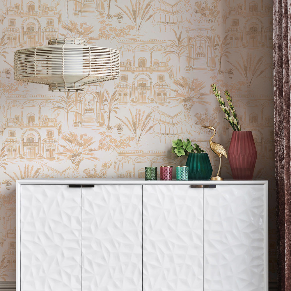 Boulevard Toile Non-Pasted Wallpaper - A white dresser and plants with Boulevard Toile Unpasted Wallpaper in coral toile | Tempaper#color_coral-toile