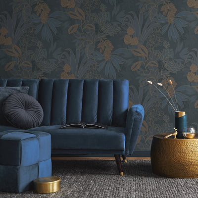 Coniferous Floral Unpasted Wallpaper - The twilight colorway of Coniferous Floral Non-Pasted Wallpaper in a living room behind a blue couch | Tempaper#color_twilight