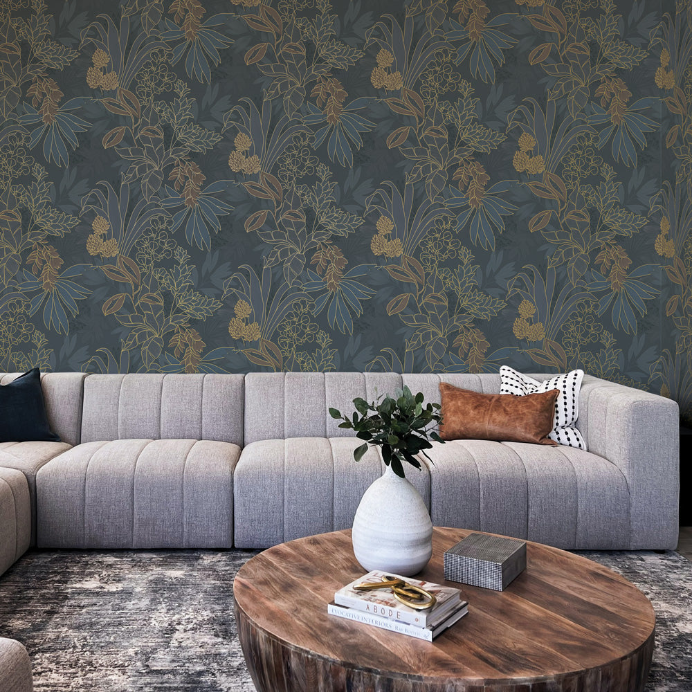Coniferous Floral Unpasted Wallpaper - The twilight colorway of Coniferous Floral Non-Pasted Wallpaper in a living room behind a grey couch | Tempaper#color_twilight