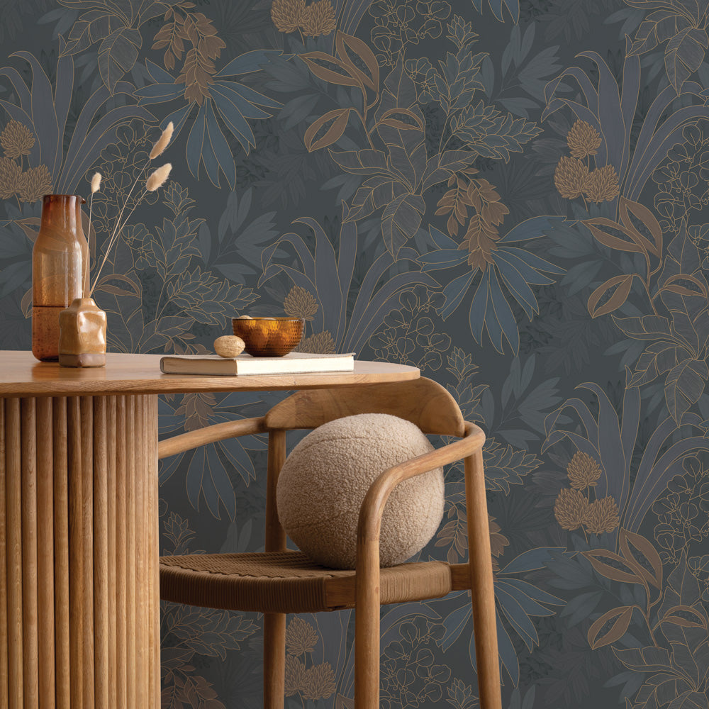 Coniferous Floral Unpasted Wallpaper - The twilight colorway of Coniferous Floral Non-Pasted Wallpaper behind a wood chair and table | Tempaper#color_twilight