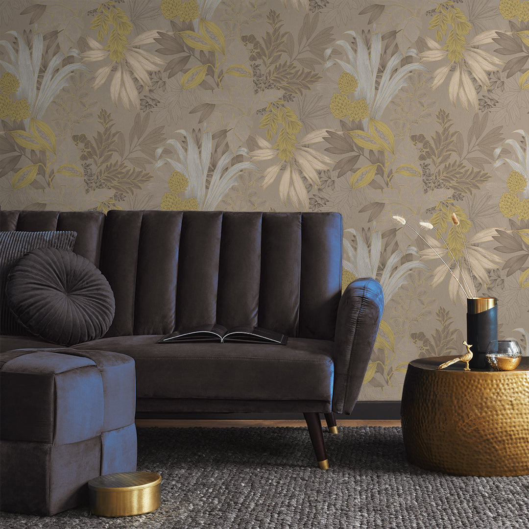 Coniferous Floral Unpasted Wallpaper - The hazelwood colorway of Coniferous Floral Non-Pasted Wallpaper in a living room behind a blue couch | Tempaper#color_hazelwood