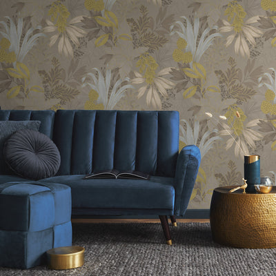 Coniferous Floral Unpasted Wallpaper - The hazelwood colorway of Coniferous Floral Non-Pasted Wallpaper in a living room behind a blue couch | Tempaper#color_hazelwood