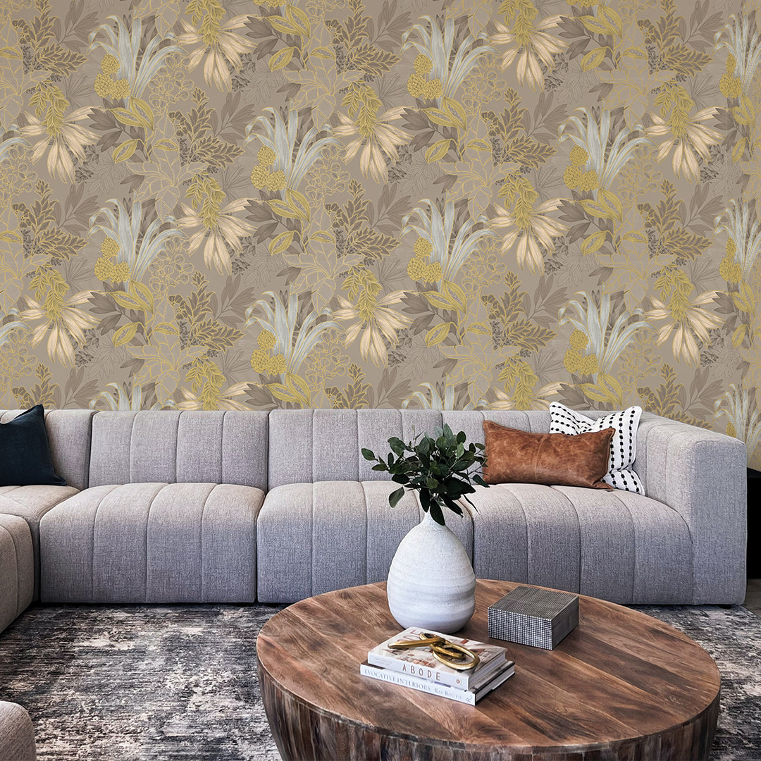 Coniferous Floral Unpasted Wallpaper - The hazelwood colorway of Coniferous Floral Non-Pasted Wallpaper in a living room behind a grey couch | Tempaper#color_hazelwood