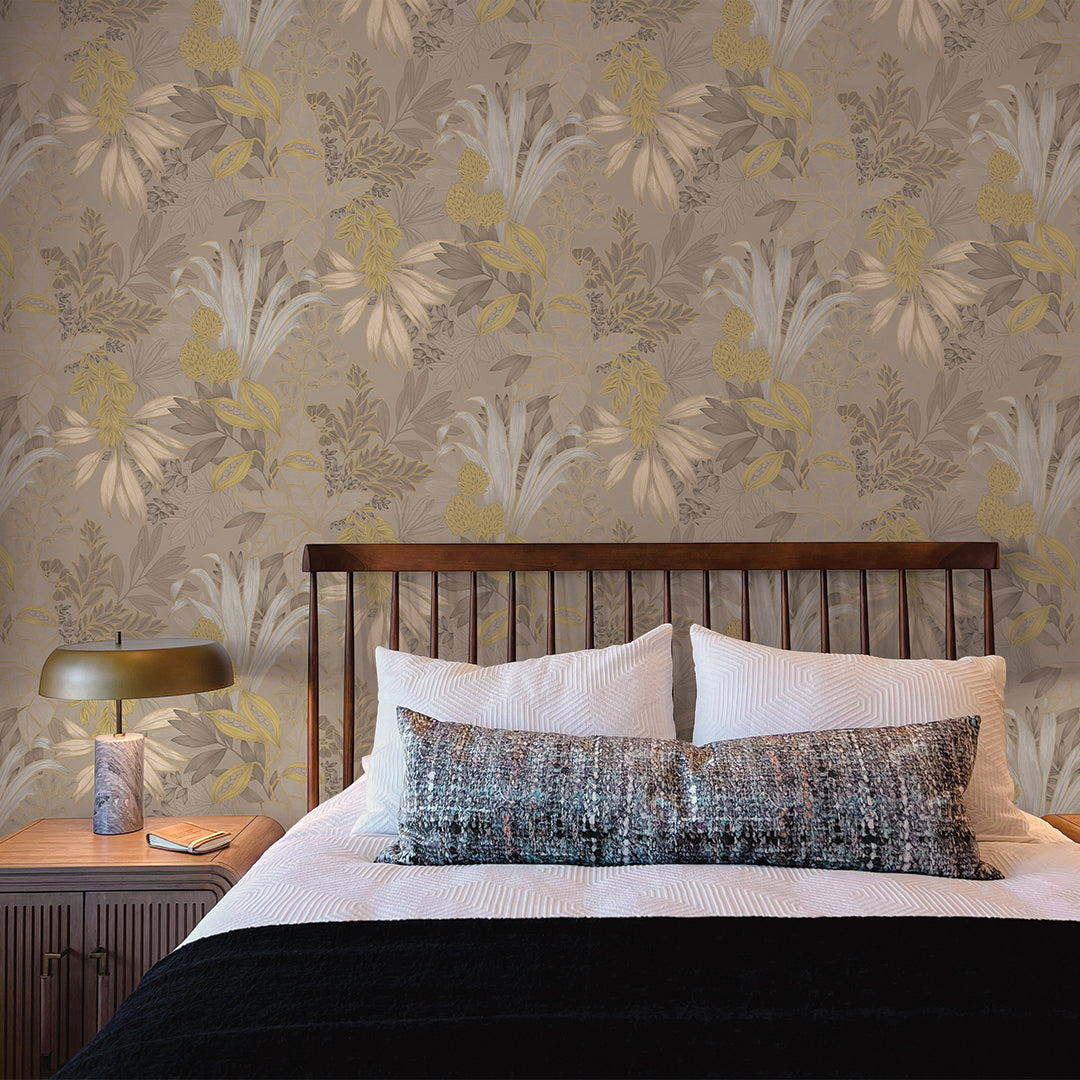 Coniferous Floral Unpasted Wallpaper - Tempaper Non-Pasted Wallpaper in hazelwood in a bedroom behind a bed | Tempaper#color_hazelwood