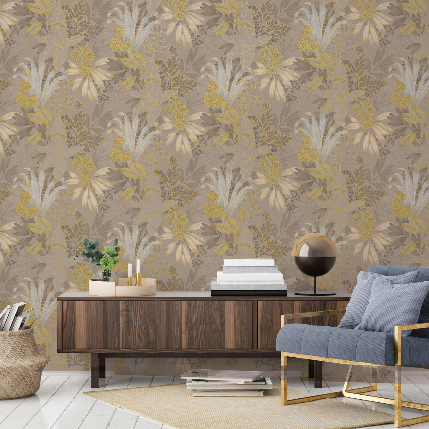 Coniferous Floral Unpasted Wallpaper - Coniferous Floral Non-Pasted Wallpaper in hazelwood behind a sideboard | Tempaper#color_hazelwood