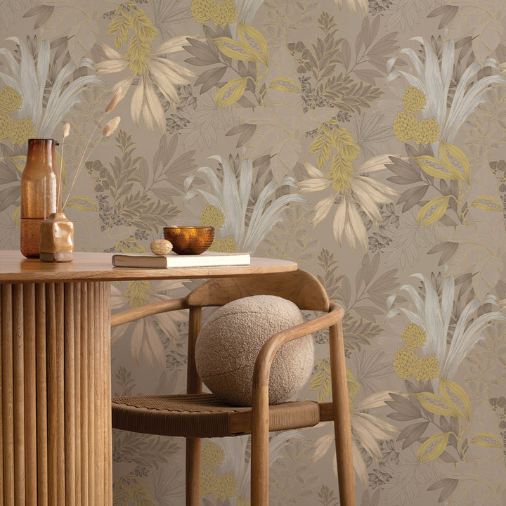 Coniferous Floral Unpasted Wallpaper - The hazelwood colorway of Coniferous Floral Non-Pasted Wallpaper behind a wood chair and table | Tempaper#color_hazelwood