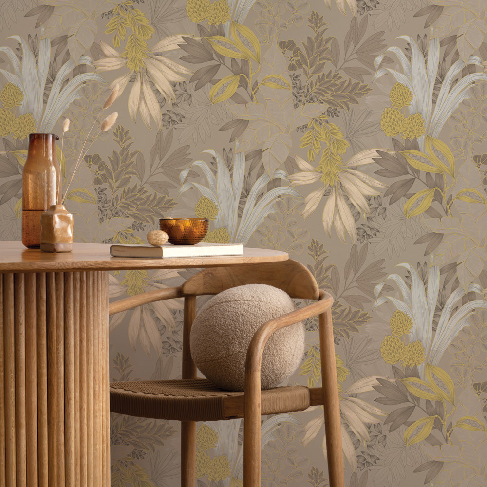 Coniferous Floral Unpasted Wallpaper - The hazelwood colorway of Coniferous Floral Non-Pasted Wallpaper behind a wood chair and table | Tempaper#color_hazelwood