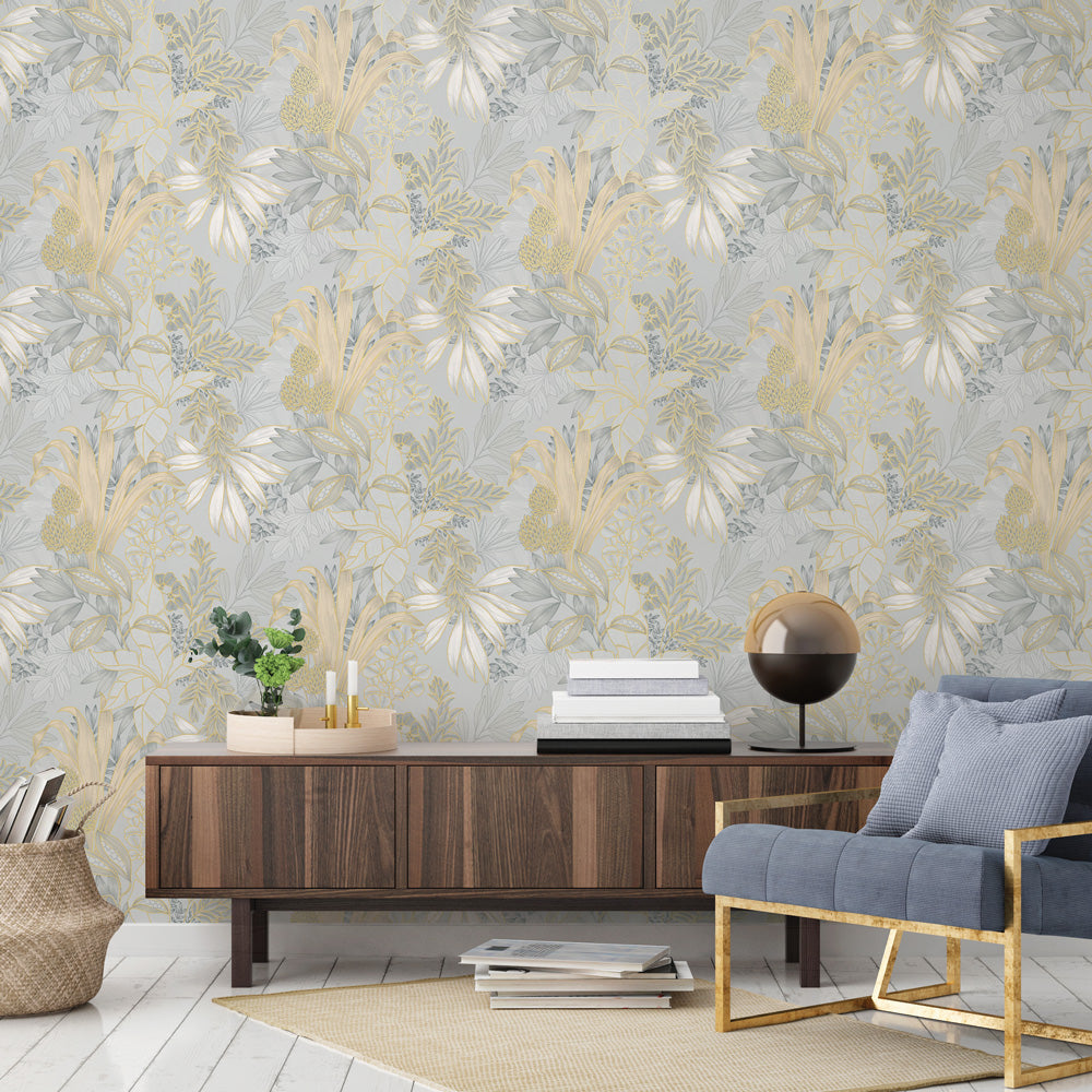 Coniferous Floral Unpasted Wallpaper - Coniferous Floral Non-Pasted Wallpaper in morning dew behind a sideboard | Tempaper#color_morning-dew