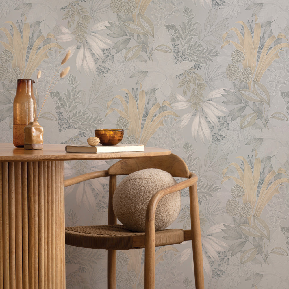 Coniferous Floral Unpasted Wallpaper - The morning dew colorway of Coniferous Floral Non-Pasted Wallpaper behind a wood chair and table | Tempaper#color_morning-dew
