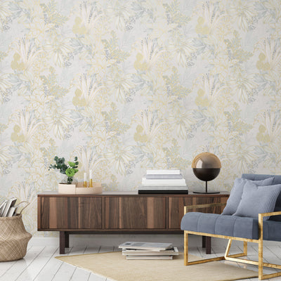 Coniferous Floral Unpasted Wallpaper - Coniferous Floral Non-Pasted Wallpaper in silk behind a sideboard | Tempaper#color_silk