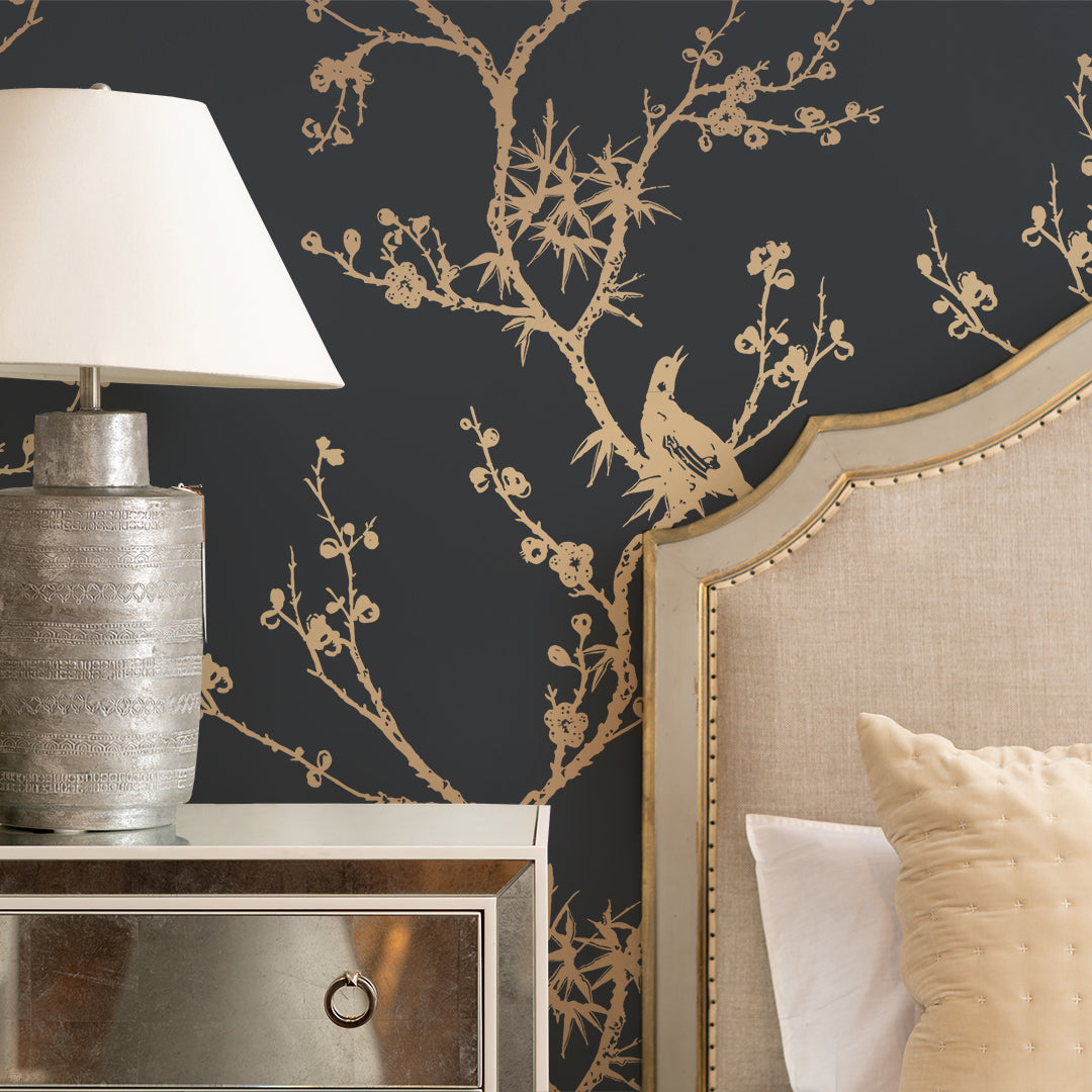 Bird Watching Removable Wallpaper By Cynthia Rowley - A bedroom featuring Tempaper's Bird Watching Peel And Stick Wallpaper By Cynthia Rowley in black and gold birds#color_black-and-gold-birds